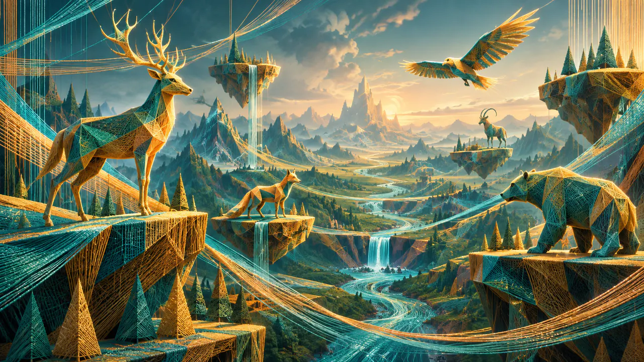 A loom of light weaving original geometric creatures and platforms into a coherent endless game valley