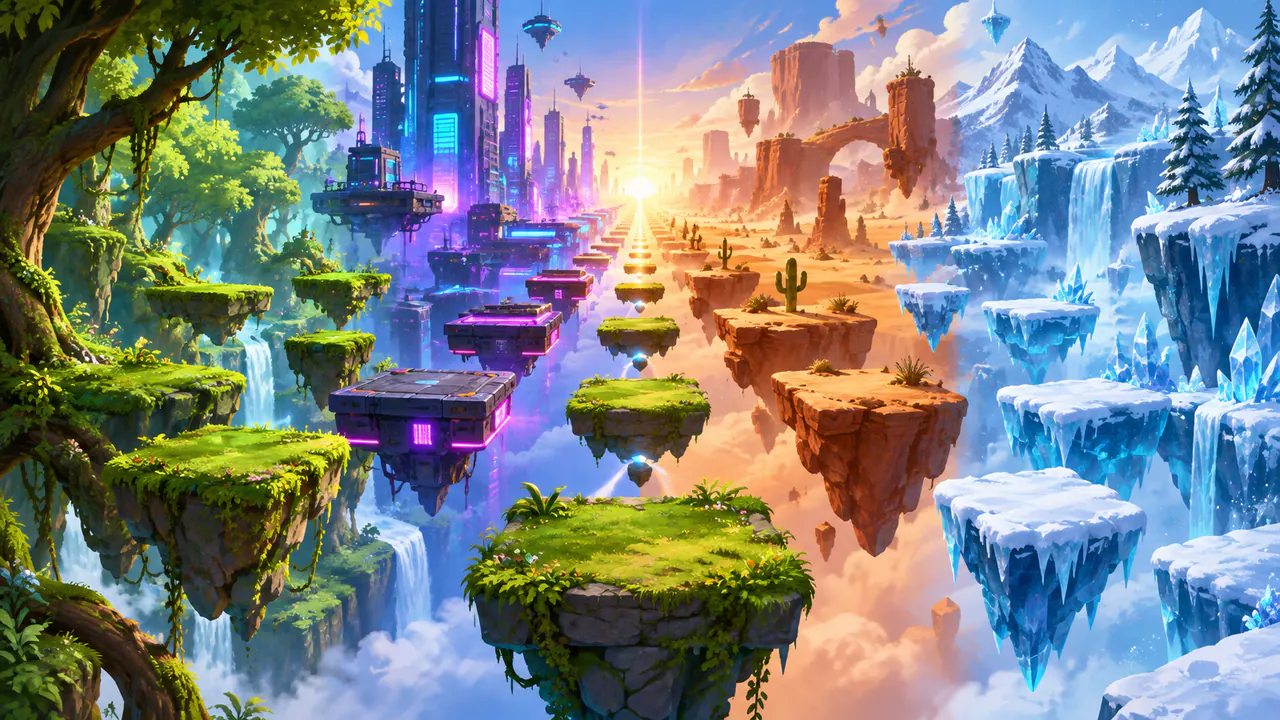 A corridor of floating game platforms in forest, neon, desert, and ice, stretching toward a bright vanishing point