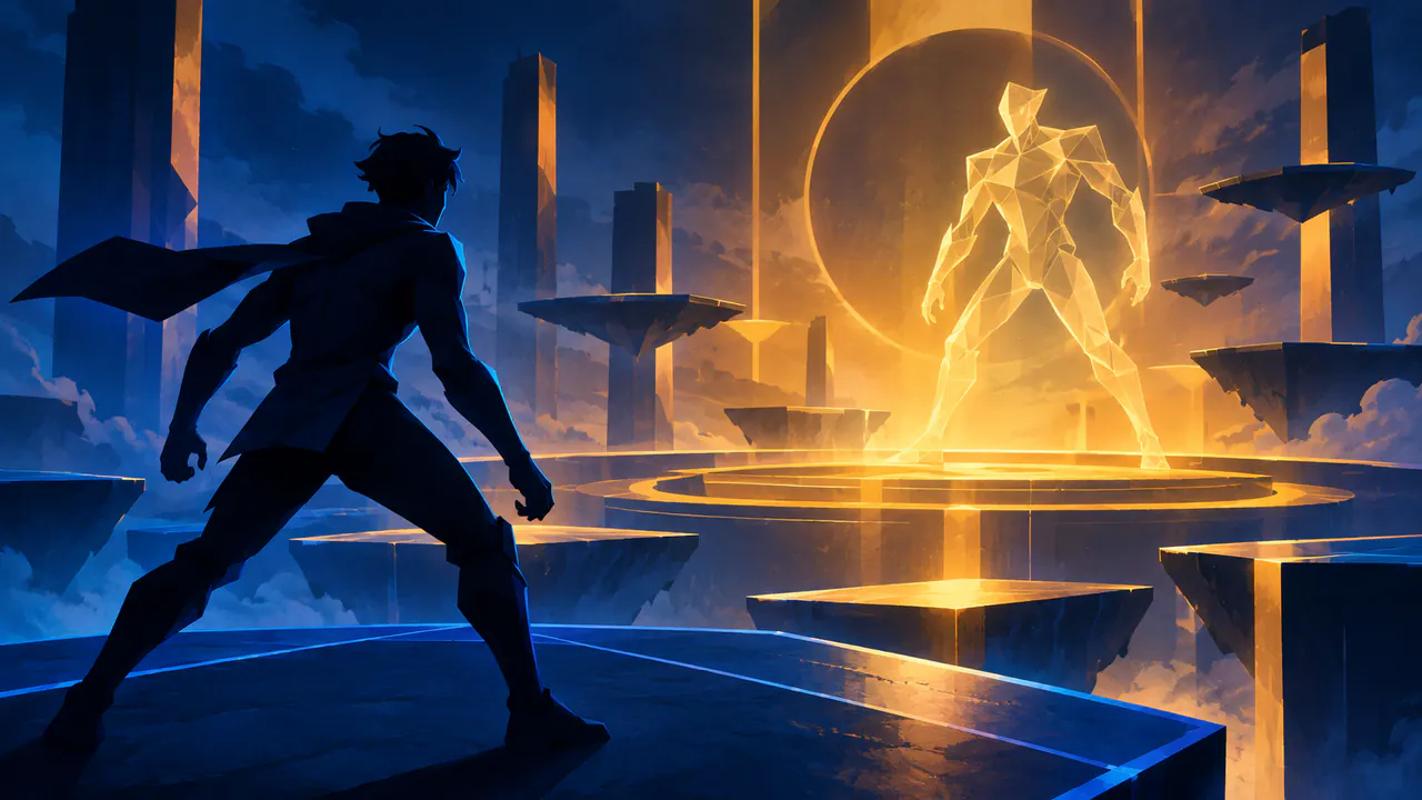 A player silhouette facing a translucent geometric opponent across a glowing arena of platforms, with no logos or readable text