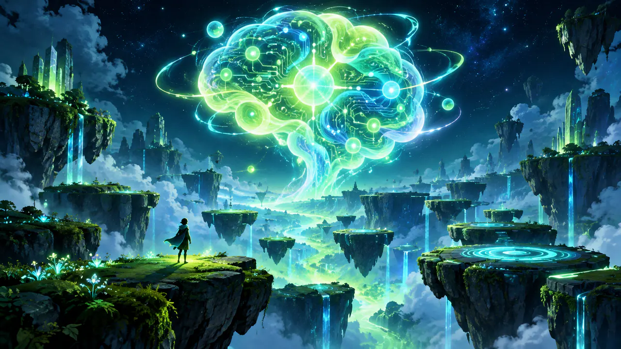 An abstract luminous mind of interlocking circuits hovering above a playable canyon of platforms, without logos or readable text